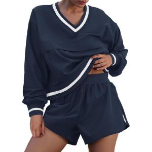 Fisoew Womens 2 Piece Outfits Long Sleeve V Neck Sweatshirt High Waist Running Shorts Sets Loose Fall Workout Tracksuits(Navy)
