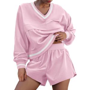 Fisoew Womens 2 Piece Outfits Long Sleeve V Neck Sweatshirt High Waist Running Shorts Sets Loose Fall Workout Tracksuits(Pink)