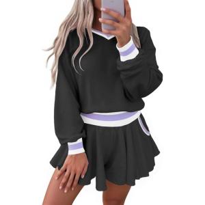 Fisoew Womens 2 Piece Outfits Lounge Sets V Neck Long Sleeve Oversized Sweatshirts Loose Shorts Fall Casual Sweatsuit(Black)