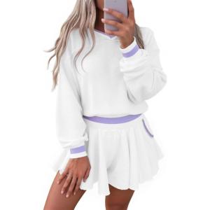 Fisoew Womens 2 Piece Outfits Lounge Sets V Neck Long Sleeve Oversized Sweatshirts Loose Shorts Fall Casual Sweatsuit(White)