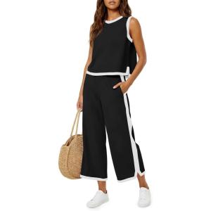Fisoew Womens 2 Piece Outfits Summer Sleeveless Wide Leg Capris Tracksuits Casual Cotrast Colors Lounge Sets(Black)