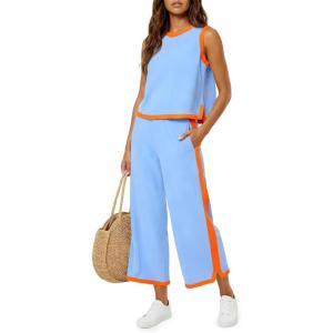 Fisoew Womens 2 Piece Outfits Summer Sleeveless Wide Leg Capris Tracksuits Casual Cotrast Colors Lounge Sets(Blue)