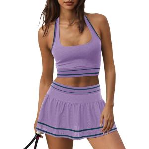 Fisoew Womens 2 Piece Tennis Skirt Sets Workout Set Halter Backless Sports Bra and Golf Skort Athletic Matching Outfits(Violet)