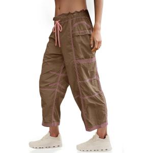 Fisoew Womens Baggy Cargo Pants Drawstring Elastic Waist Track Pants Loose Trousers Barrel Sweatpants with Pockets Brown