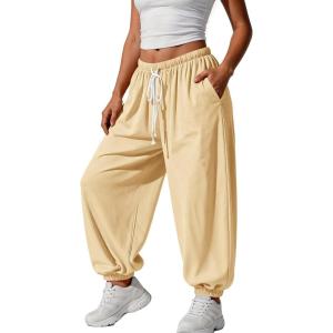 Fisoew Womens Baggy Harem Pants Casual Barrel Elastic Waist Drawstring Pleated Loose Workout Track Pants with Pockets(Apricot)