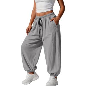 Fisoew Womens Baggy Harem Pants Casual Barrel Elastic Waist Drawstring Pleated Loose Workout Track Pants with Pockets(Grey)