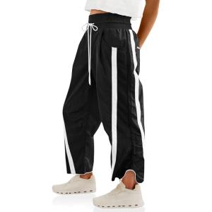 Fisoew Women’s Baggy Wide Leg Pants Casual Drawstring Elastic Waisted Contrast Color Workout Y2K Track Pants(Black)