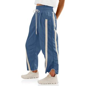 Fisoew Women’s Baggy Wide Leg Pants Casual Drawstring Elastic Waisted Contrast Color Workout Y2K Track Pants(Blue)