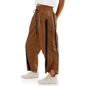 Fisoew Women’s Baggy Wide Leg Pants Casual Drawstring Elastic Waisted Contrast Color Workout Y2K Track Pants(Camel)