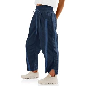 Fisoew Women’s Baggy Wide Leg Pants Casual Drawstring Elastic Waisted Contrast Color Workout Y2K Track Pants(Navy)