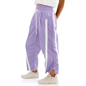 Fisoew Women’s Baggy Wide Leg Pants Casual Drawstring Elastic Waisted Contrast Color Workout Y2K Track Pants(Purple)