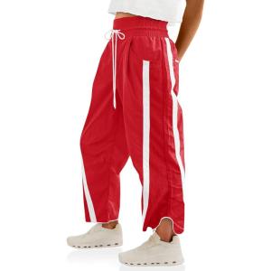 Fisoew Women’s Baggy Wide Leg Pants Casual Drawstring Elastic Waisted Contrast Color Workout Y2K Track Pants(Red& White)