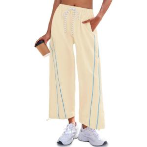 Fisoew Womens Baggy Wide Leg Pants Casual Elastic Waist Drawstring Hiking Workout Cropped Track Pants with Pockets(Beige)