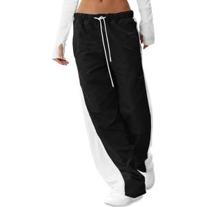 Fisoew Women’s Baggy Wide Leg Track Pants Casual Drawstring Elastic Waisted Color Block Workout Y2K Active Pants(Black)
