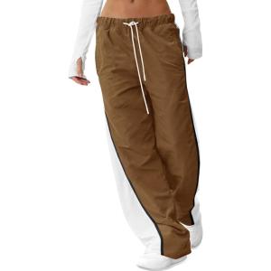 Fisoew Women’s Baggy Wide Leg Track Pants Casual Drawstring Elastic Waisted Color Block Workout Y2K Active Pants(Brown)