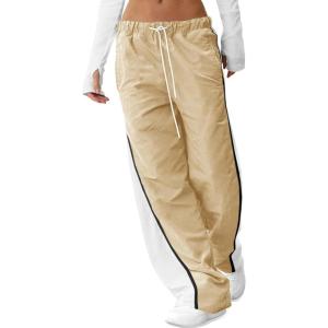 Fisoew Women’s Baggy Wide Leg Track Pants Casual Drawstring Elastic Waisted Color Block Workout Y2K Active Pants(Khaki)