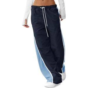 Fisoew Women’s Baggy Wide Leg Track Pants Casual Drawstring Elastic Waisted Color Block Workout Y2K Active Pants(Navy)