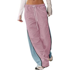 Fisoew Women’s Baggy Wide Leg Track Pants Casual Drawstring Elastic Waisted Color Block Workout Y2K Active Pants(Pink)