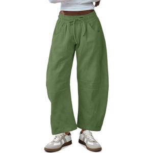 Fisoew Womens Barrel Leg Sweatpant Drawstring Elastic Waisted Wide Leg Pants Casual Active Pants with Pockets(Army Green)