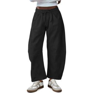 Fisoew Womens Barrel Leg Sweatpant Drawstring Elastic Waisted Wide Leg Pants Casual Active Pants with Pockets(Black)