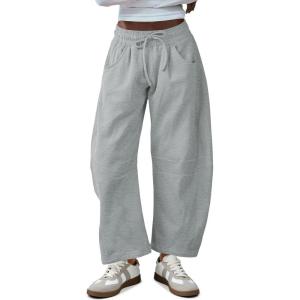Fisoew Womens Barrel Leg Sweatpant Drawstring Elastic Waisted Wide Leg Pants Casual Active Pants with Pockets(Grey)