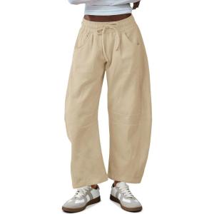 Fisoew Womens Barrel Leg Sweatpant Drawstring Elastic Waisted Wide Leg Pants Casual Active Pants with Pockets(Khaki)