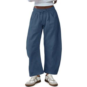 Fisoew Womens Barrel Leg Sweatpant Drawstring Elastic Waisted Wide Leg Pants Casual Active Pants with Pockets(Navy)