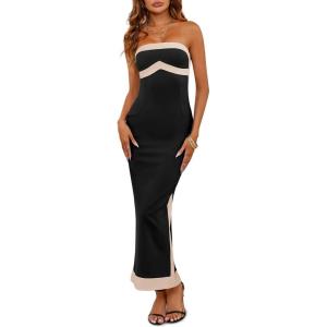 Fisoew Womens Bodycon Strapless Midi Dress Sexy Contrast Color Off Shoulder Party Tube Maxi Dresses Black