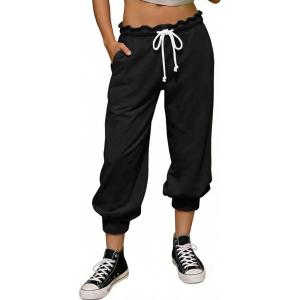 Fisoew Women’s Capri Joggers 2026 Trendy Peplum Drawstring Waist Sweatpants with Pockets(Black)