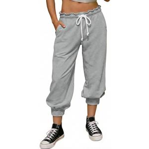 Fisoew Women’s Capri Joggers 2026 Trendy Peplum Drawstring Waist Sweatpants with Pockets(Grey)