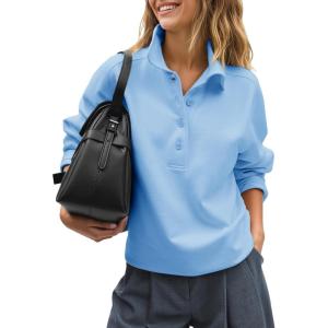 Fisoew Womens Casual Sweatshirt Long Sleeve Button Collared Loose Fit Fall Pullover Tops(Blue)