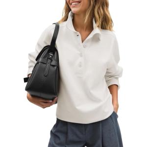 Fisoew Womens Casual Sweatshirt Long Sleeve Button Collared Loose Fit Fall Pullover Tops(White)
