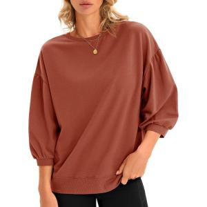 Fisoew Womens Crewneck Sweatshirts Casual Puff Sleeve Loose Fit Shirts Fall Tops Brown