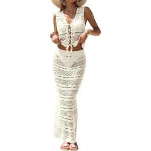Fisoew Womens Crochet Cover Up 2 Piece Skirt Sets Sleeveless Crop Cardigan Tank Tops Swim Coverup Set(Beige)