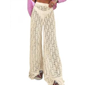Fisoew Womens Crochet Cover Up Pants Casual Wide Leg High Waisted Hollow Out Tassel Summer Beach Mesh Bathing Suit Pants(Apricot)