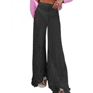 Fisoew Womens Crochet Cover Up Pants Casual Wide Leg High Waisted Hollow Out Tassel Summer Beach Mesh Bathing Suit Pants(Black)