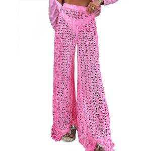 Fisoew Womens Crochet Cover Up Pants Casual Wide Leg High Waisted Hollow Out Tassel Summer Beach Mesh Bathing Suit Pants(Pink)