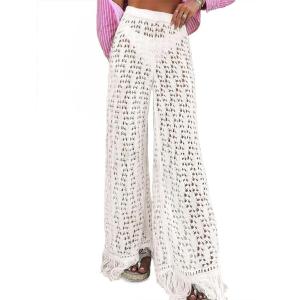 Fisoew Womens Crochet Cover Up Pants Casual Wide Leg High Waisted Hollow Out Tassel Summer Beach Mesh Bathing Suit Pants(White)