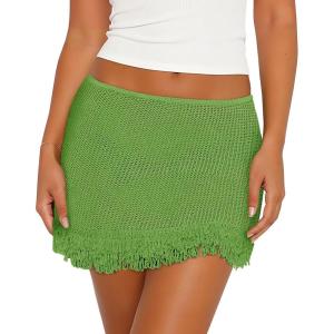 Fisoew Womens Crochet Skirt Swimsuit Cover Up Summer Tassel Knit Hollow Out Vacation Beach Coverups Clubwear Mini Skirts(Green)