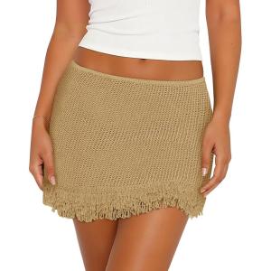 Fisoew Womens Crochet Skirt Swimsuit Cover Up Summer Tassel Knit Hollow Out Vacation Beach Coverups Clubwear Mini Skirts(Khaki)