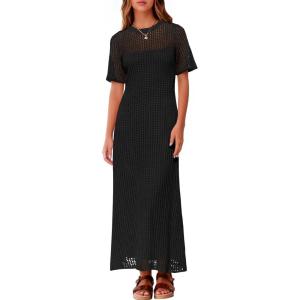 Fisoew Womens Crochet Swimsuit Cover Up Summer Vacation Resort Bathing Suit Swimwear Casual Short Sleeve Maxi Beach Dresses(Black)