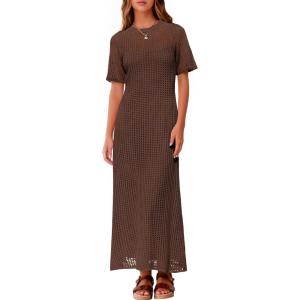 Fisoew Womens Crochet Swimsuit Cover Up Summer Vacation Resort Bathing Suit Swimwear Casual Short Sleeve Maxi Beach Dresses(Coffee)
