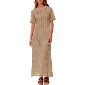 Fisoew Womens Crochet Swimsuit Cover Up Summer Vacation Resort Bathing Suit Swimwear Casual Short Sleeve Maxi Beach Dresses(Dark Khaki)