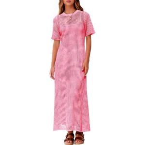 Fisoew Womens Crochet Swimsuit Cover Up Summer Vacation Resort Bathing Suit Swimwear Casual Short Sleeve Maxi Beach Dresses(Pink)