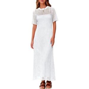 Fisoew Womens Crochet Swimsuit Cover Up Summer Vacation Resort Bathing Suit Swimwear Casual Short Sleeve Maxi Beach Dresses(White)