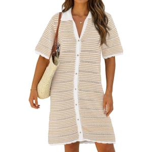 Fisoew Womens Crochet Swimsuit Coverup Summer Beach Bathing Suit Hollow Out Button Down Short Sleeve Striped Mini Dress(Beige)