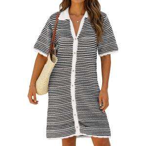 Fisoew Womens Crochet Swimsuit Coverup Summer Beach Bathing Suit Hollow Out Button Down Short Sleeve Striped Mini Dress(Black)