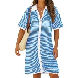 Fisoew Womens Crochet Swimsuit Coverup Summer Beach Bathing Suit Hollow Out Button Down Short Sleeve Striped Mini Dress(Blue)