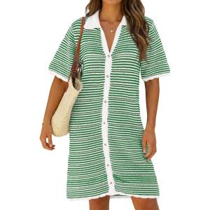 Fisoew Womens Crochet Swimsuit Coverup Summer Beach Bathing Suit Hollow Out Button Down Short Sleeve Striped Mini Dress(Green)