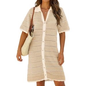 Fisoew Womens Crochet Swimsuit Coverup Summer Beach Bathing Suit Hollow Out Button Down Short Sleeve Striped Mini Dress(Khaki)